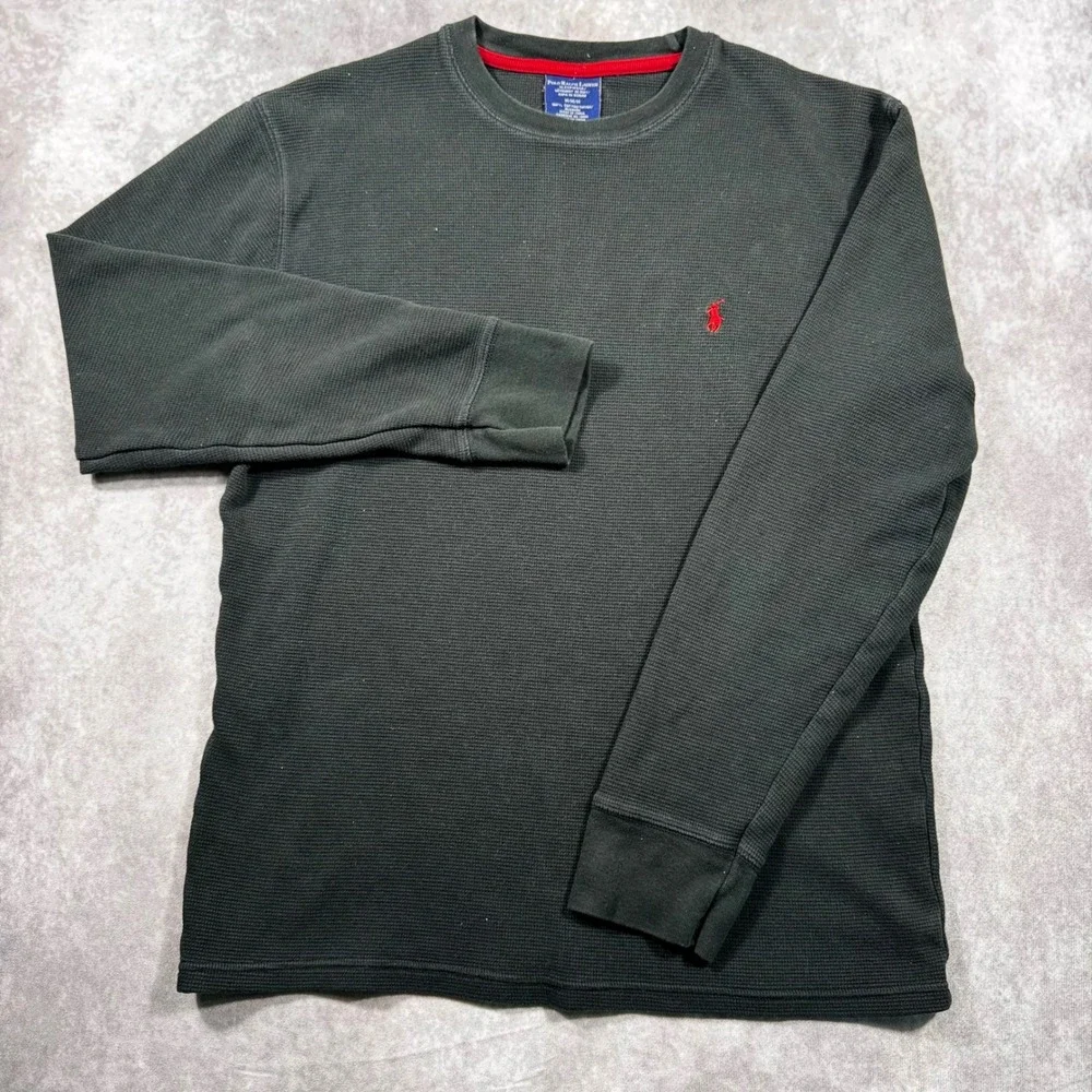 Polo Ralph Lauren Mens Waffle Knit Thermal Long Sleeve Shirt Grey Green Medium